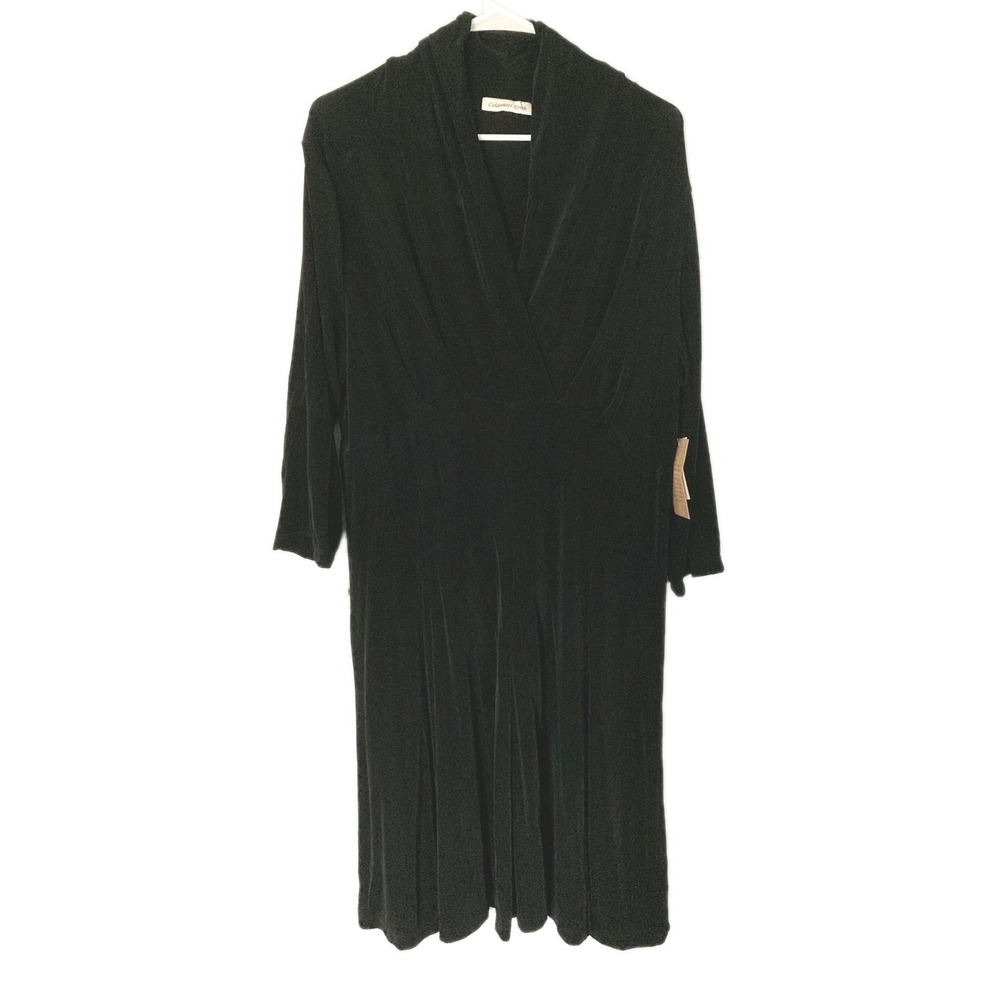 Coldwater Creek Dress Women 1X Blk Travel Knit Wrap V Neck Midi Empire Waist NWT